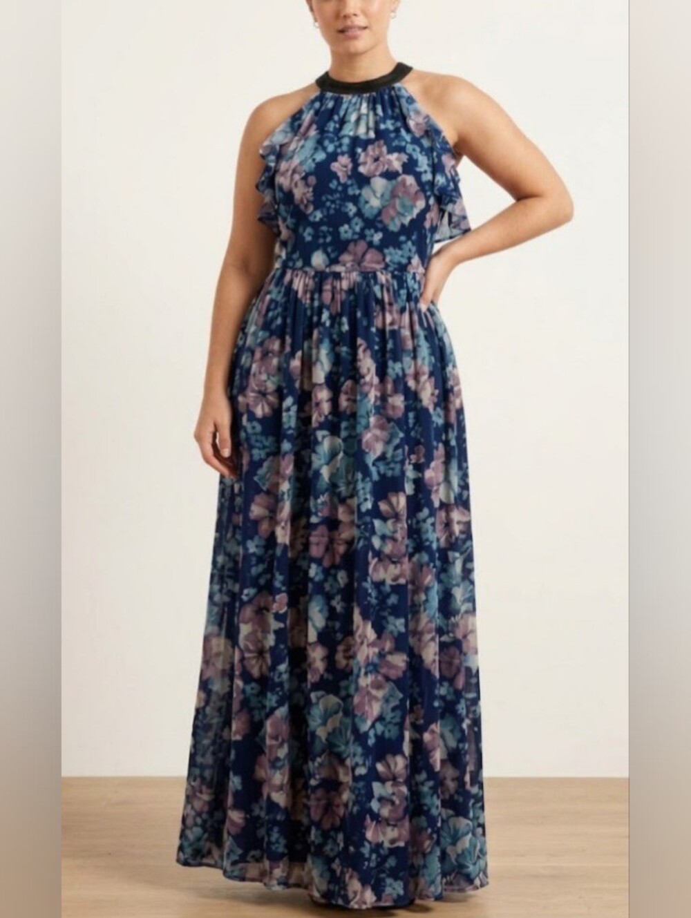 Marchesa Notte Blue Floral Halter Maxi Dress - Size 10
